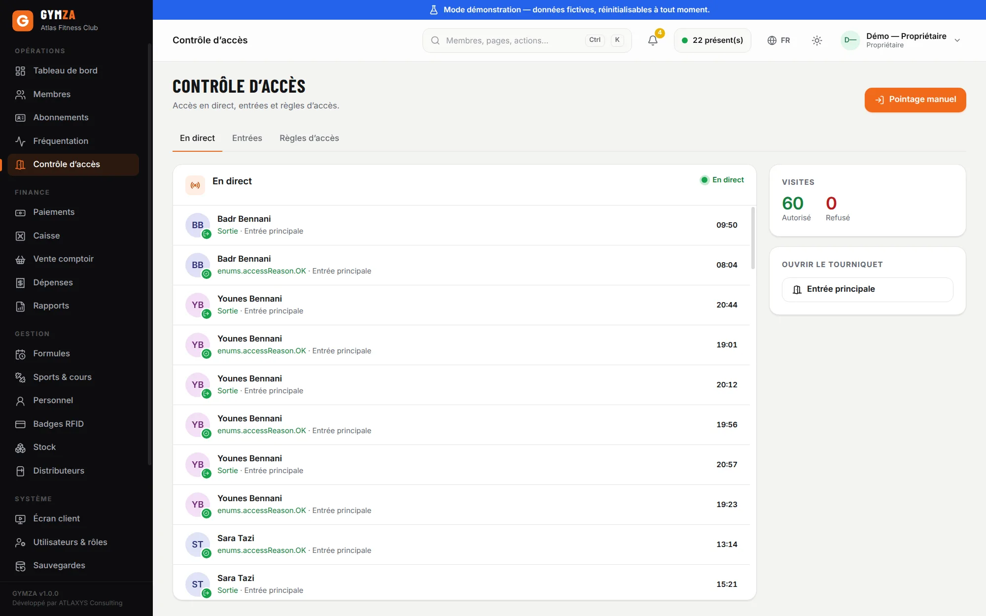 Gymza live access-control log with granted and denied entries (French interface)