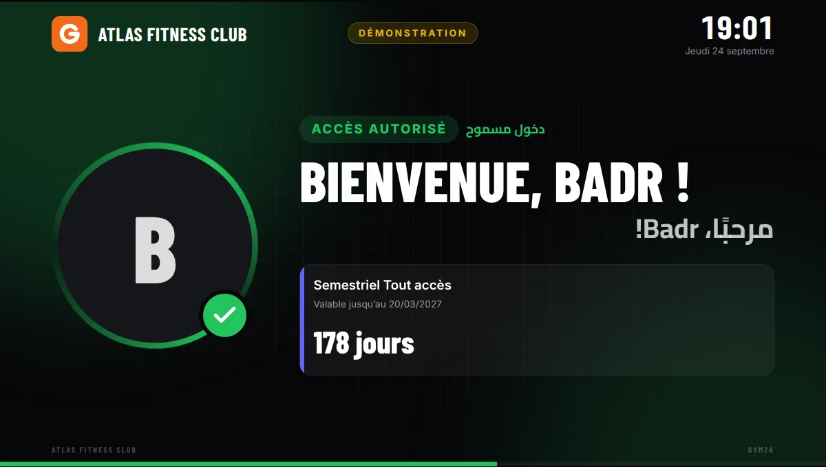 Gymza member display showing “Access granted. Welcome, Badr!” with a 6-month membership and 178 days remaining (French interface)