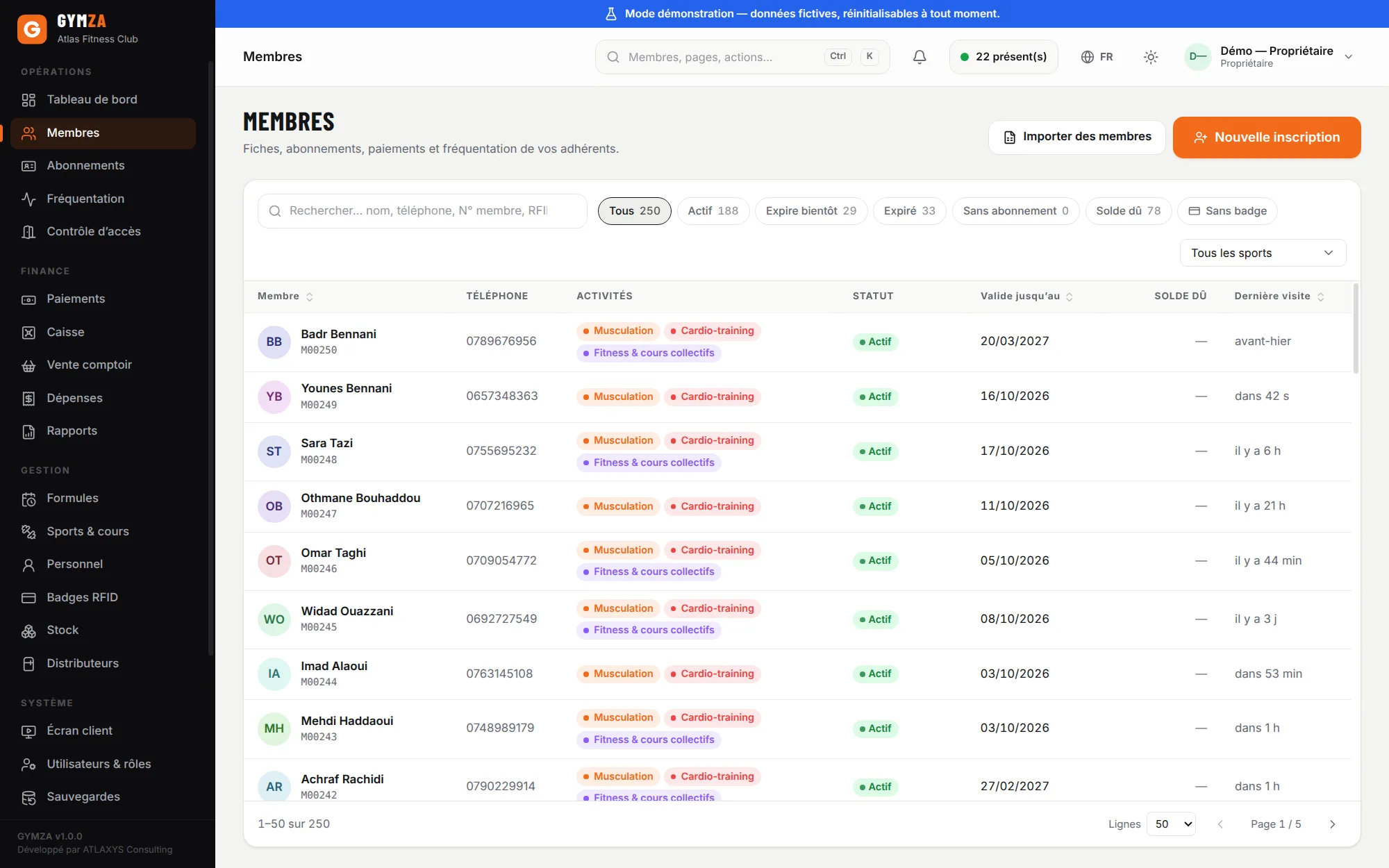Gymza member list with status filters, search and each member’s membership status (French interface)