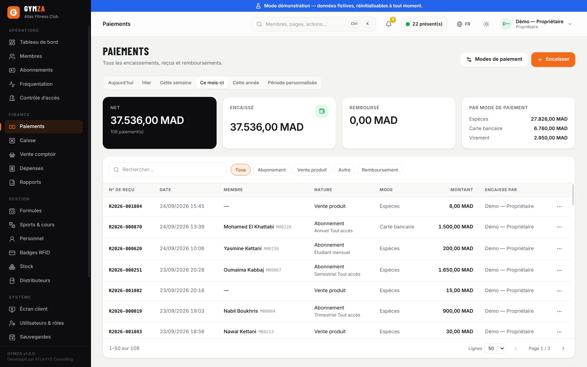 Gymza payment log with receipt numbers, amounts in dirhams and payment methods (French interface)